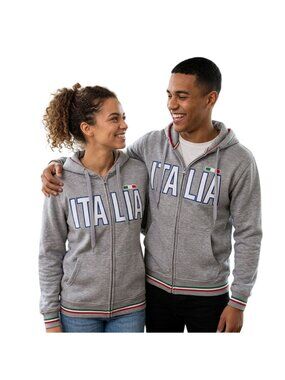 Italia Gray Flag Striped Full Zip Unisex Hoodie Pockets Cotton Blend Size L